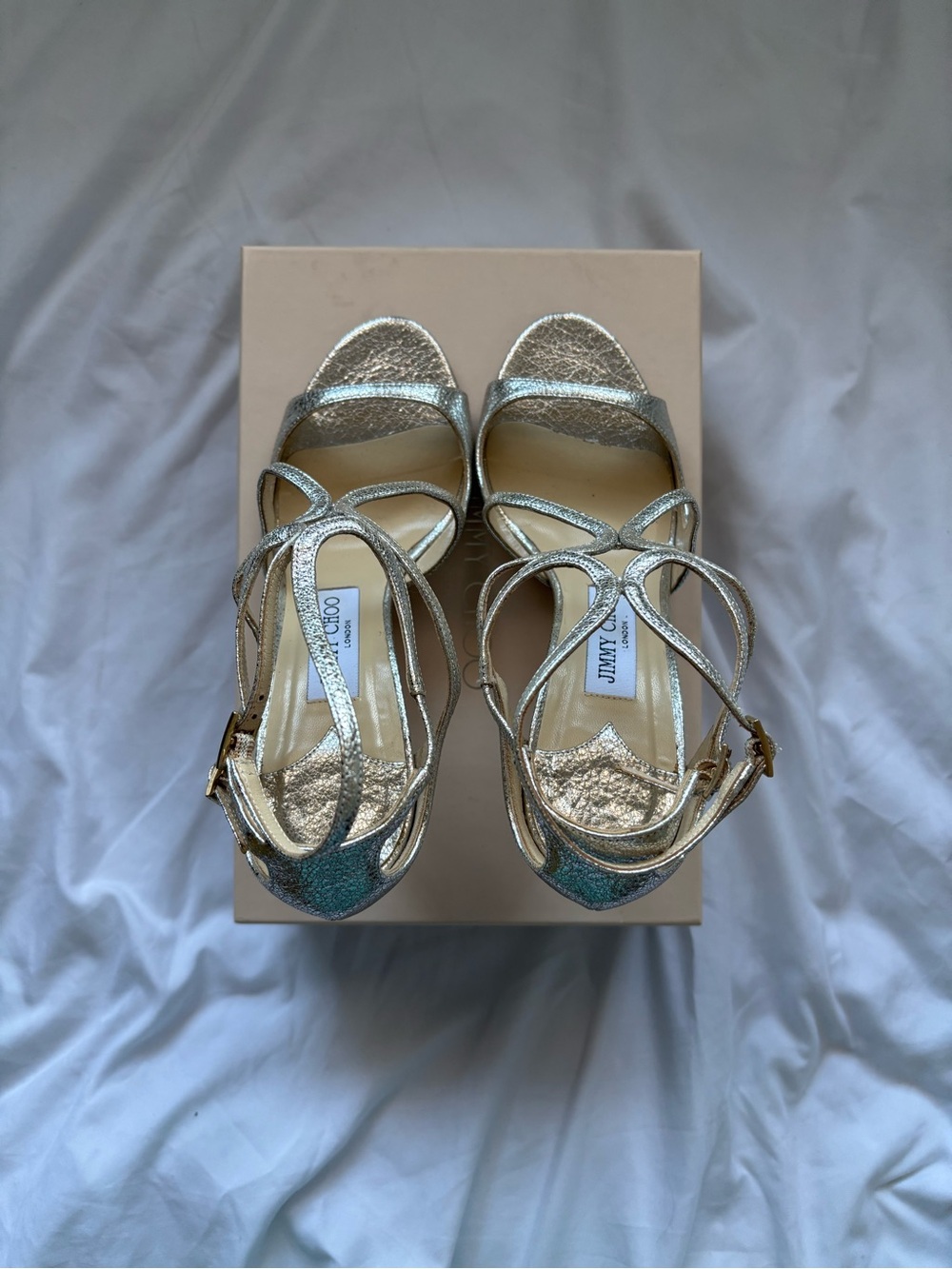 Jimmy Choo Glitter Leather Champagne Crisscross Ankle-Strap Heels (IVETTE)